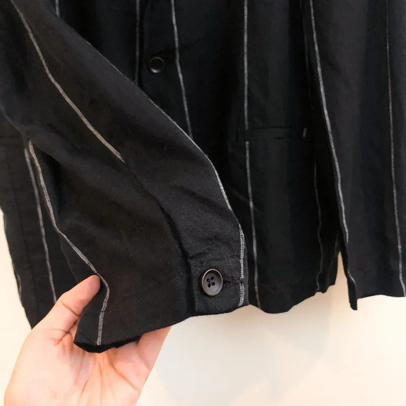 DEPT. ANONYM 100% Linen Black Striped Collared V Neck Classic Lightweight Blazer - Picture 4 of 11
